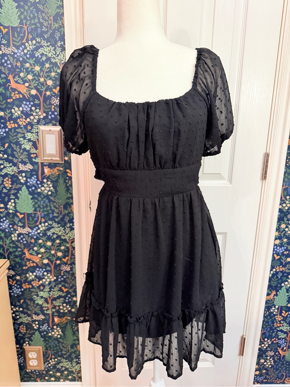 Altar'd State Black Swiss Dot Puff Sleeve Mini Dress